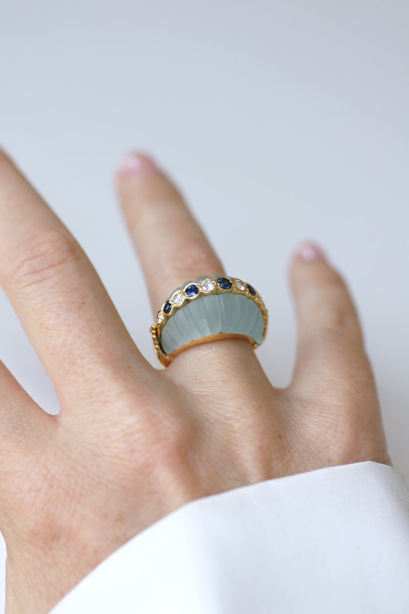 Jean & Pierre Bellin Aquamarine Cocktail Ring With Diamond And Sapphire On Yellow Gold-photo-3