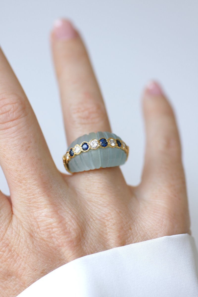 Jean & Pierre Bellin Aquamarine Cocktail Ring With Diamond And Sapphire On Yellow Gold-photo-4