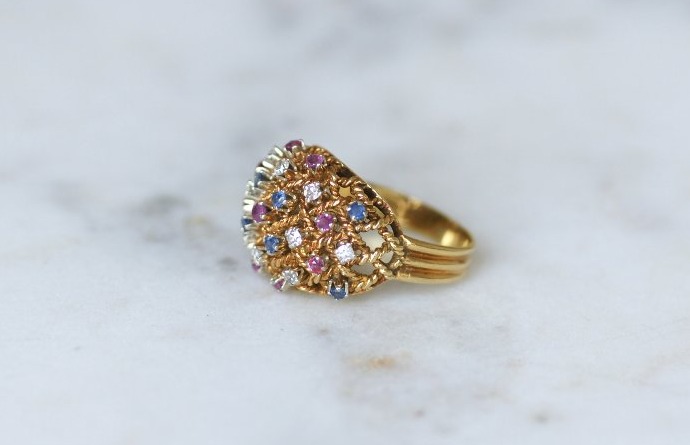 Bague Boule Cordage Saphir Rubis et Diamant sur Or Rose-photo-2