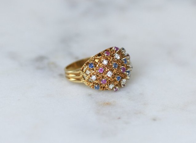 Bague Boule Cordage Saphir Rubis et Diamant sur Or Rose-photo-3