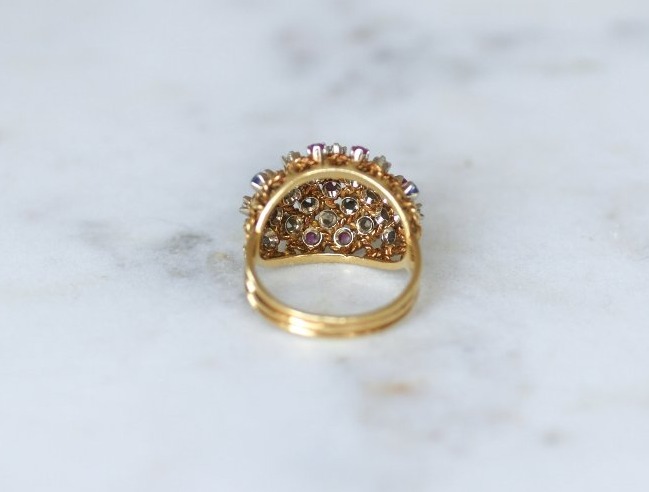Bague Boule Cordage Saphir Rubis et Diamant sur Or Rose-photo-4