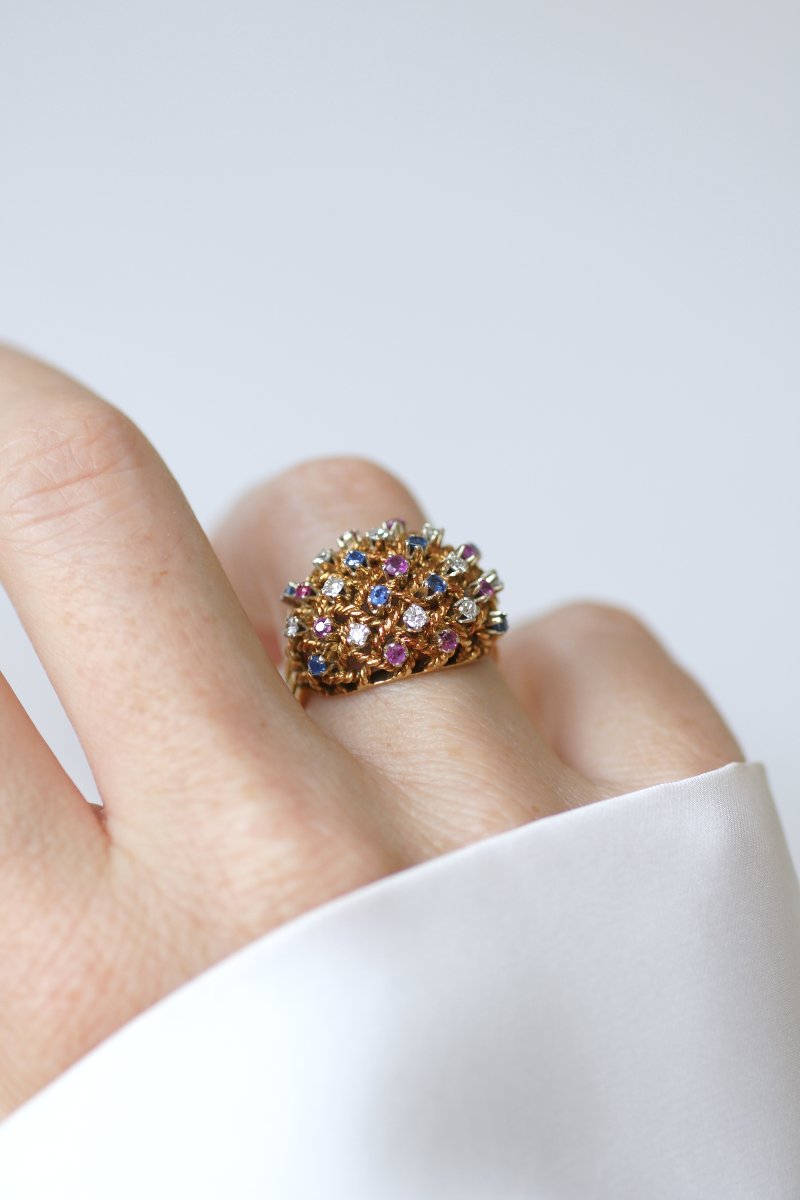 Bague Boule Cordage Saphir Rubis et Diamant sur Or Rose-photo-2