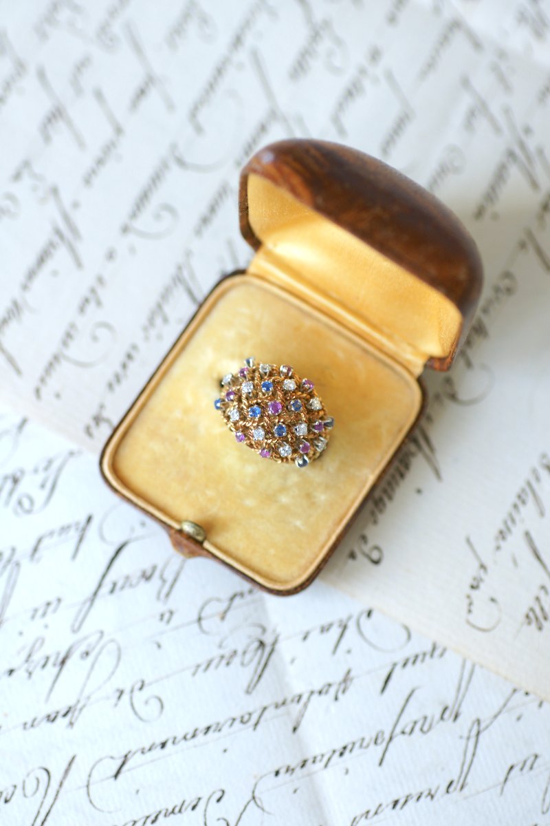 Bague Boule Cordage Saphir Rubis et Diamant sur Or Rose-photo-4