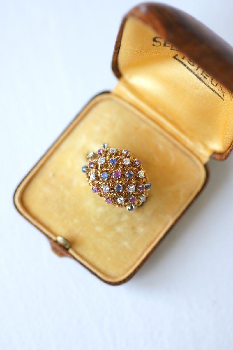 Bague Boule Cordage Saphir Rubis et Diamant sur Or Rose-photo-5