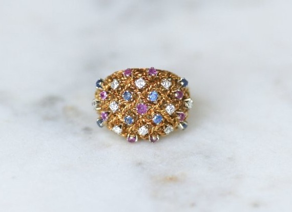 Bague Boule Cordage Saphir Rubis et Diamant sur Or Rose