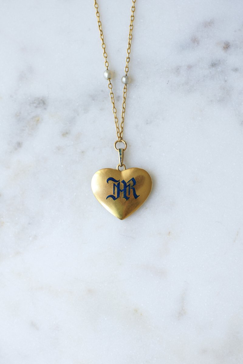 Collier Ancien Pendentif Coeur Clé de Fa Emaillé et Chaine Or Jaune et Perle Fine-photo-2