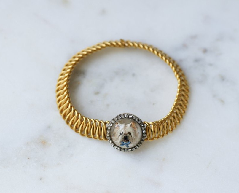 Bracelet Ancien Gourmette en Or jaune et Fixé Sous Verre Chien Diamants-photo-2