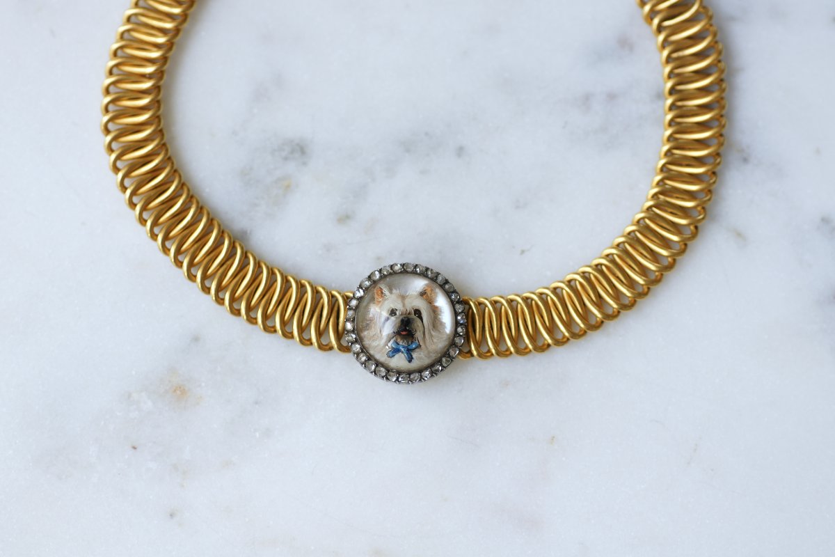 Bracelet Ancien Gourmette en Or jaune et Fixé Sous Verre Chien Diamants-photo-2