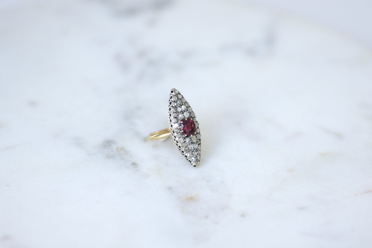 Victorian Navette Ring With Ruby And Diamonds In Yellow Gold And Silver-photo-1