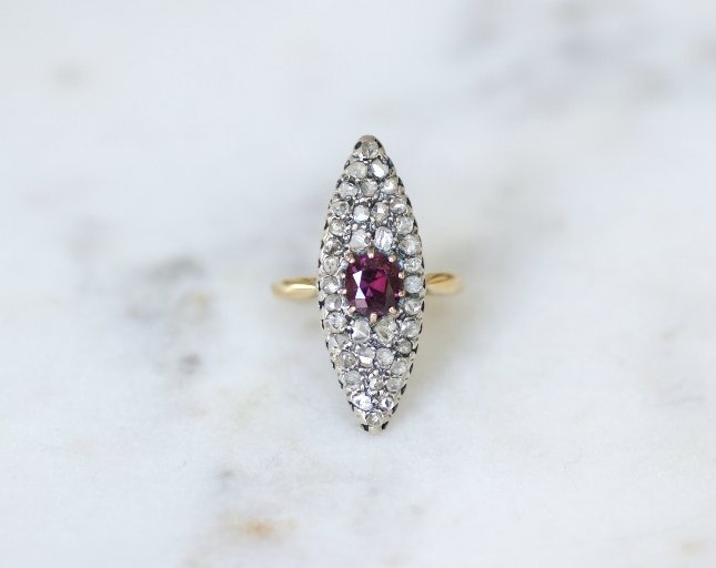 Victorian Navette Ring With Ruby And Diamonds In Yellow Gold And Silver