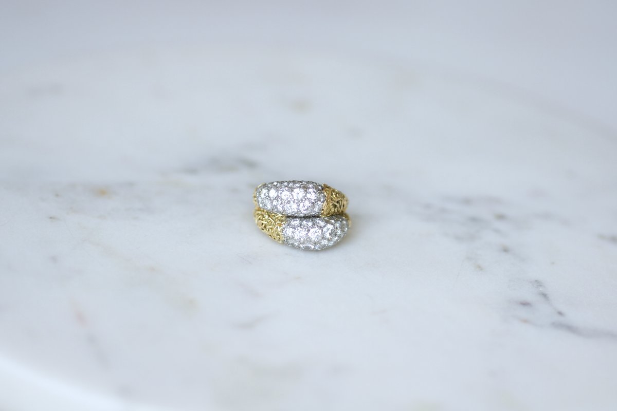 Bague Double Jonc Diamant sur Or Jaune et Platine Années 70-photo-2