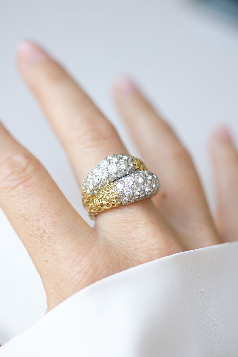 Bague Double Jonc Diamant sur Or Jaune et Platine Années 70-photo-3