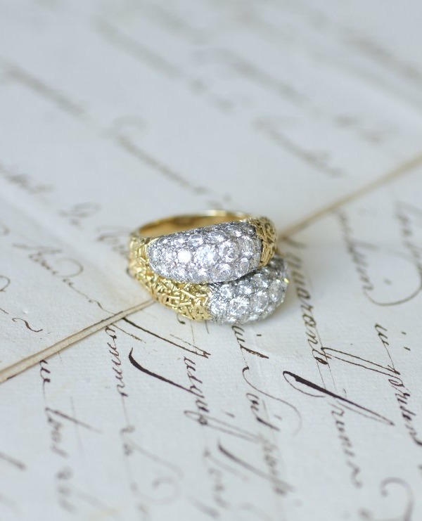 Bague Double Jonc Diamant sur Or Jaune et Platine Années 70