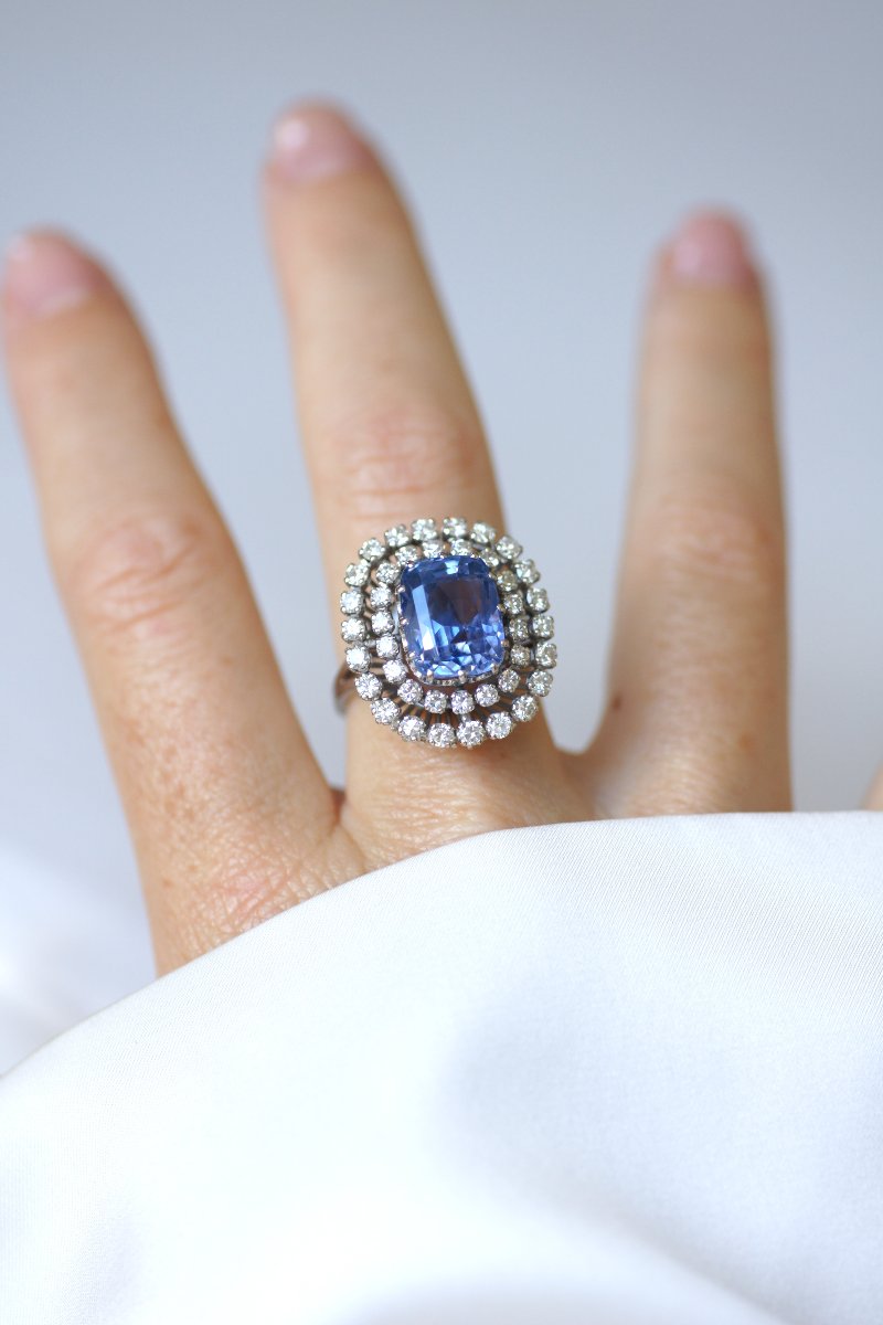 No Heat Ceylon Sapphire Cocktail Ring, 7.50 Cts, With Diamonds, In White Gold-photo-2