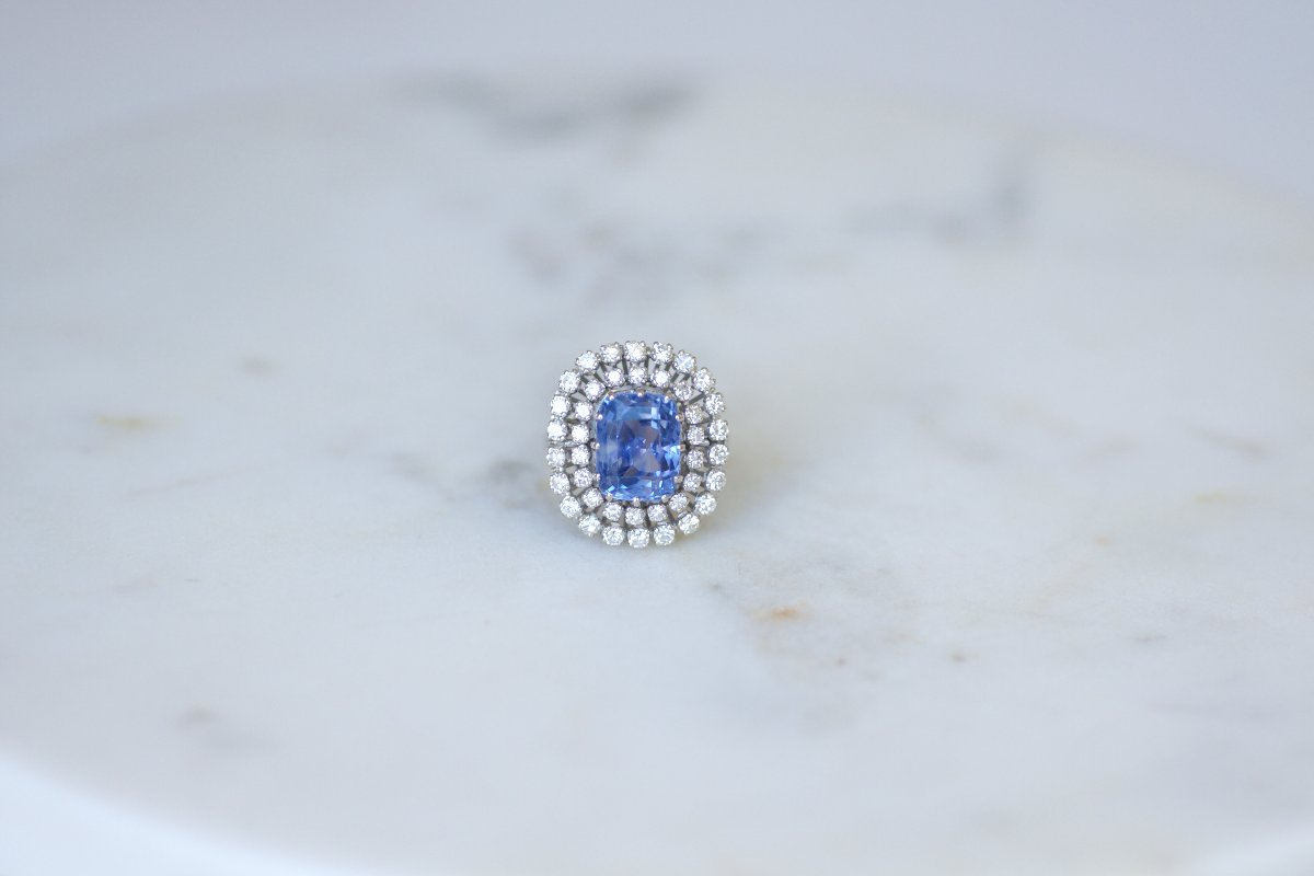 No Heat Ceylon Sapphire Cocktail Ring, 7.50 Cts, With Diamonds, In White Gold-photo-3