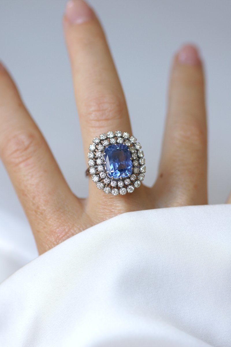 No Heat Ceylon Sapphire Cocktail Ring, 7.50 Cts, With Diamonds, In White Gold-photo-4
