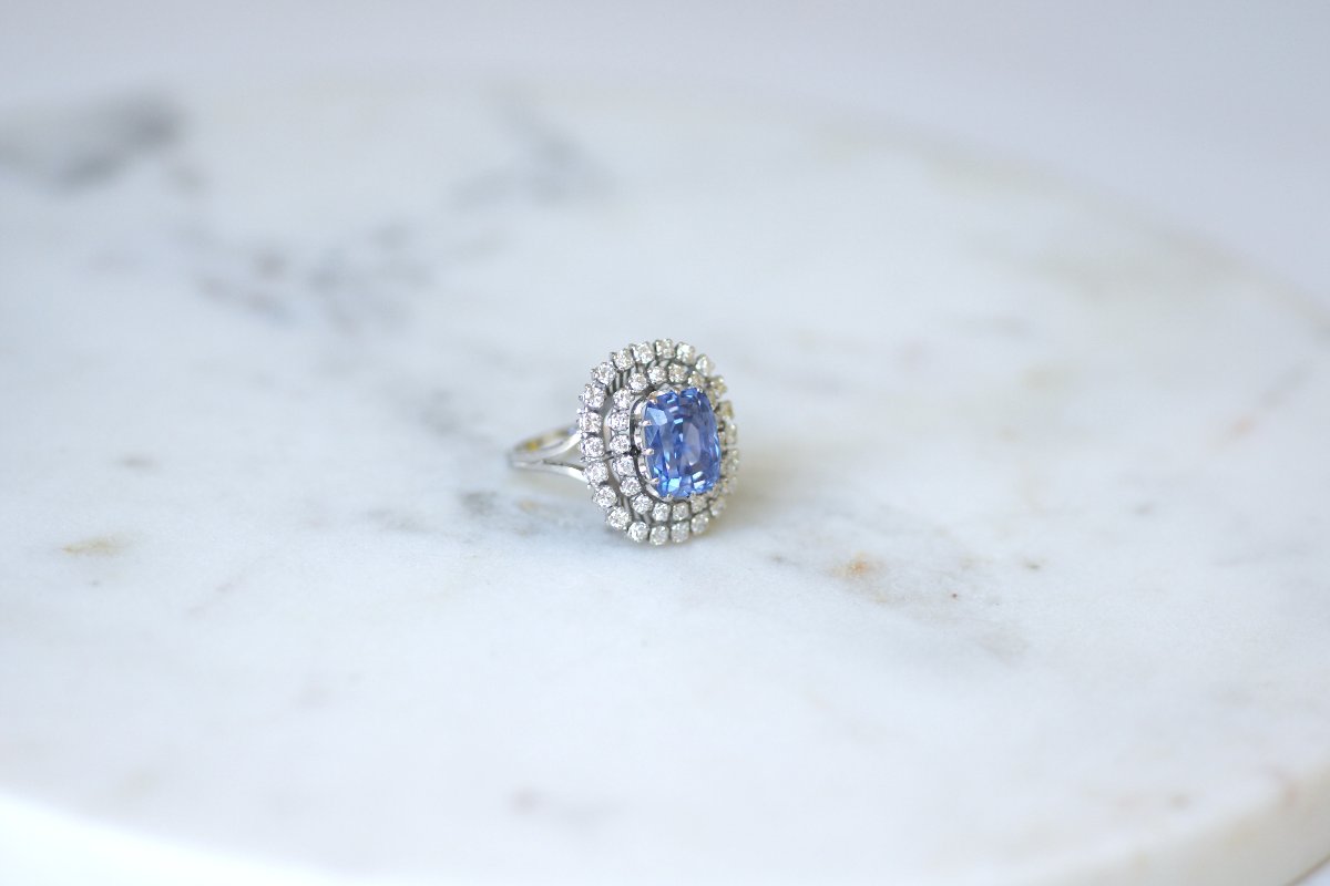 No Heat Ceylon Sapphire Cocktail Ring, 7.50 Cts, With Diamonds, In White Gold-photo-1