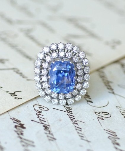 No Heat Ceylon Sapphire Cocktail Ring, 7.50 Cts, With Diamonds, In White Gold