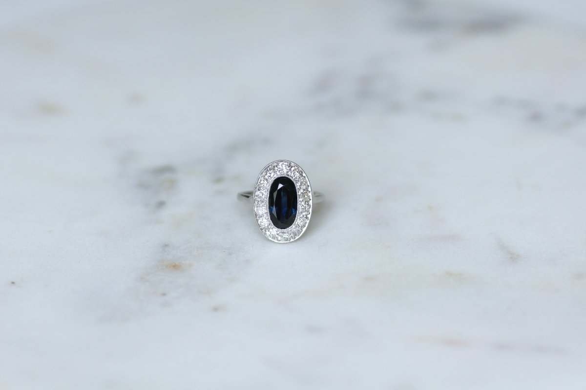 Art Deco Oval Cluster Sapphire Ring With Diamond Accents On Platinum-photo-2