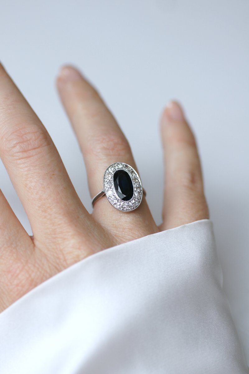 Art Deco Oval Cluster Sapphire Ring With Diamond Accents On Platinum-photo-3