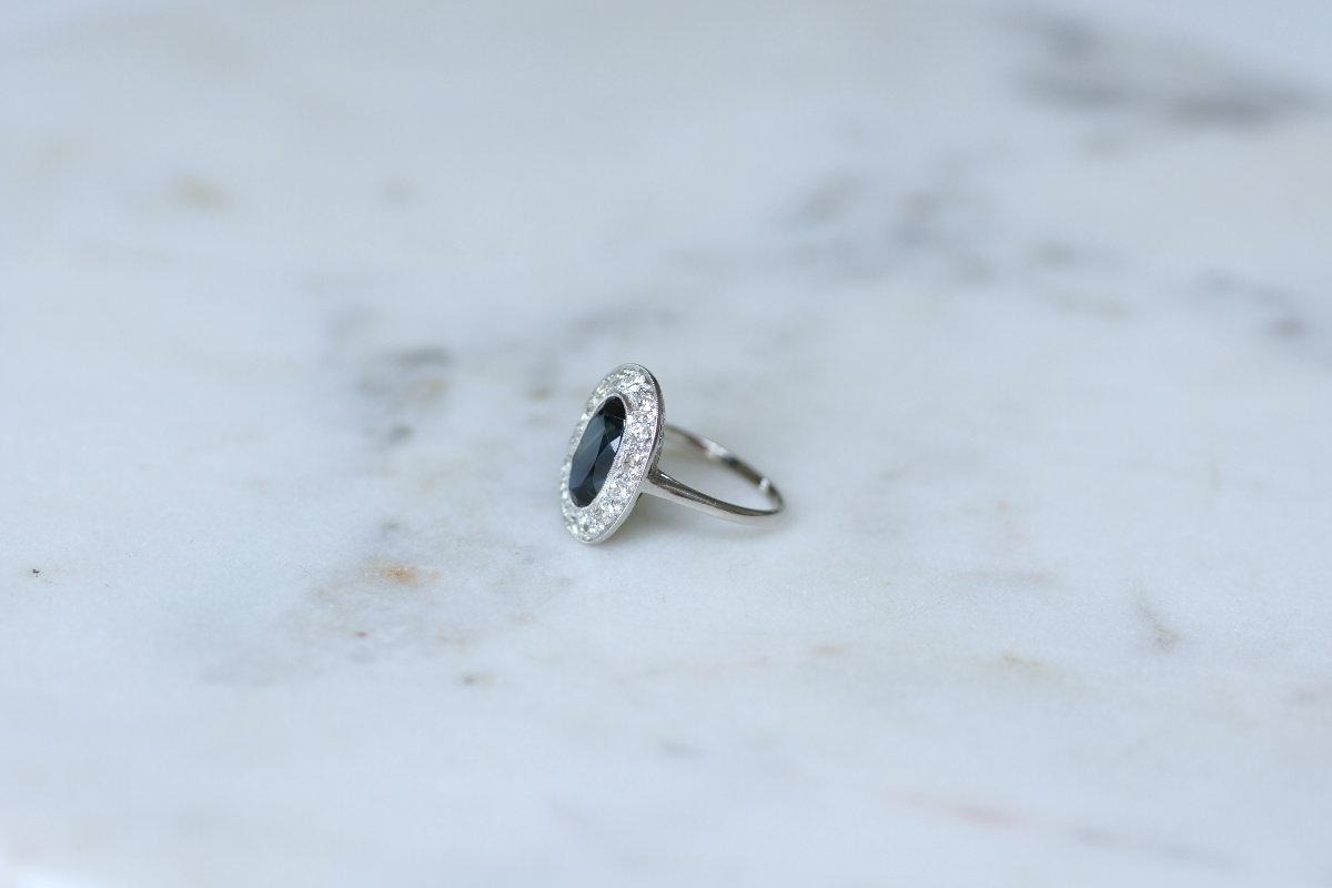 Art Deco Oval Cluster Sapphire Ring With Diamond Accents On Platinum-photo-4