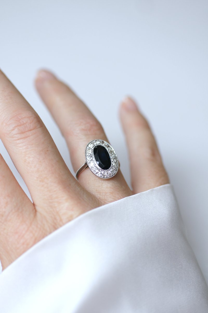 Art Deco Oval Cluster Sapphire Ring With Diamond Accents On Platinum-photo-1