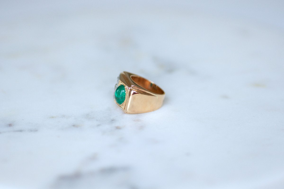 Bague Tank Emeraude Colombienne Diamants sur Or Rose et Platine-photo-4