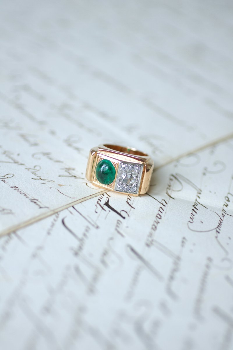 Bague Tank Emeraude Colombienne Diamants sur Or Rose et Platine-photo-1