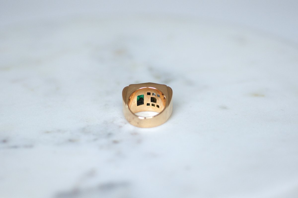 Bague Tank Emeraude Colombienne Diamants sur Or Rose et Platine-photo-4