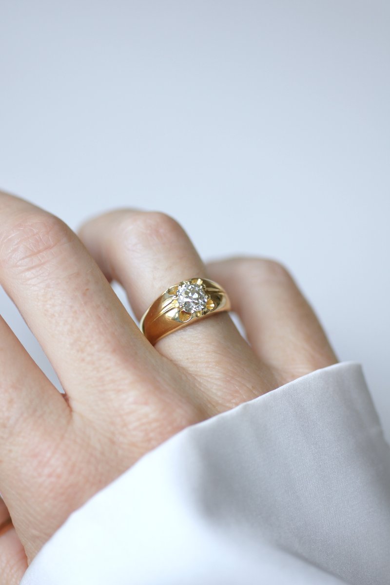 Bague Jonc Ancien Diamant Taille Ancienne sur Or Jaune-photo-3