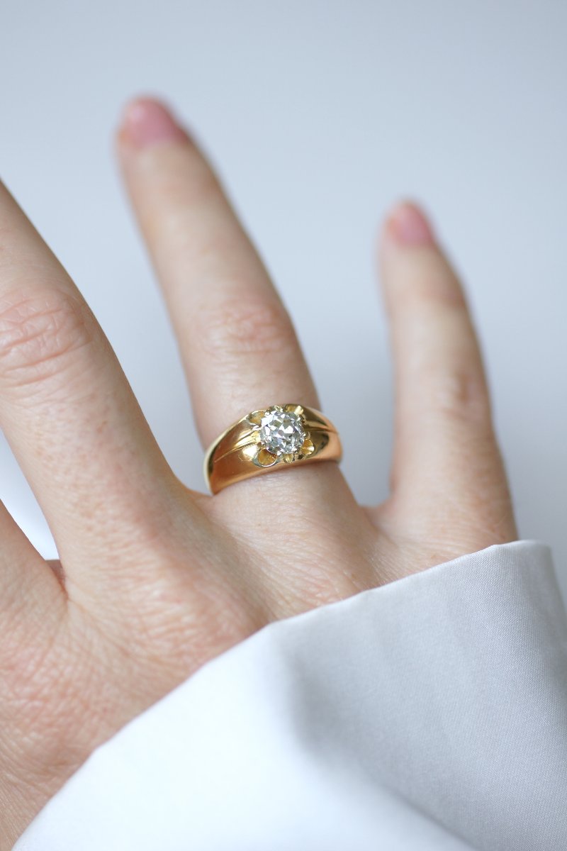 Bague Jonc Ancien Diamant Taille Ancienne sur Or Jaune-photo-5