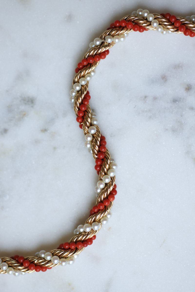 Bracelet Torsade Corail et Perle sur Or Jaune Années 60-photo-2