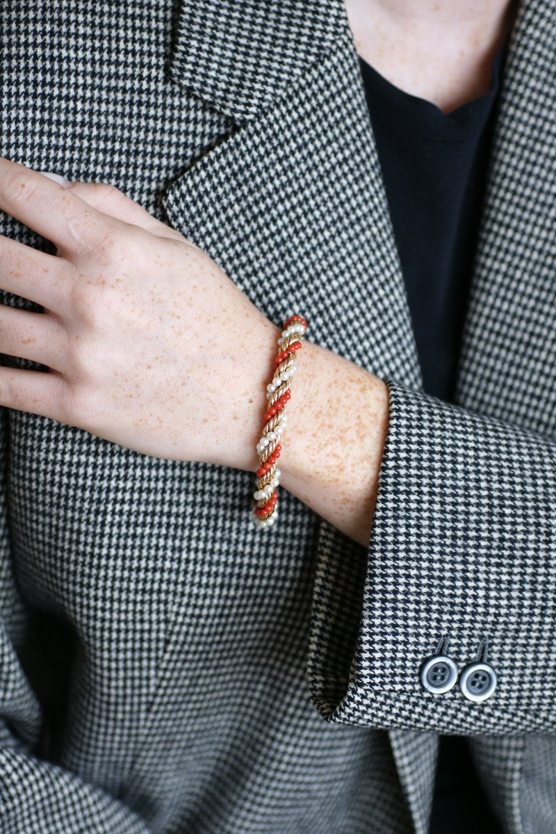 Bracelet Torsade Corail et Perle sur Or Jaune Années 60-photo-3