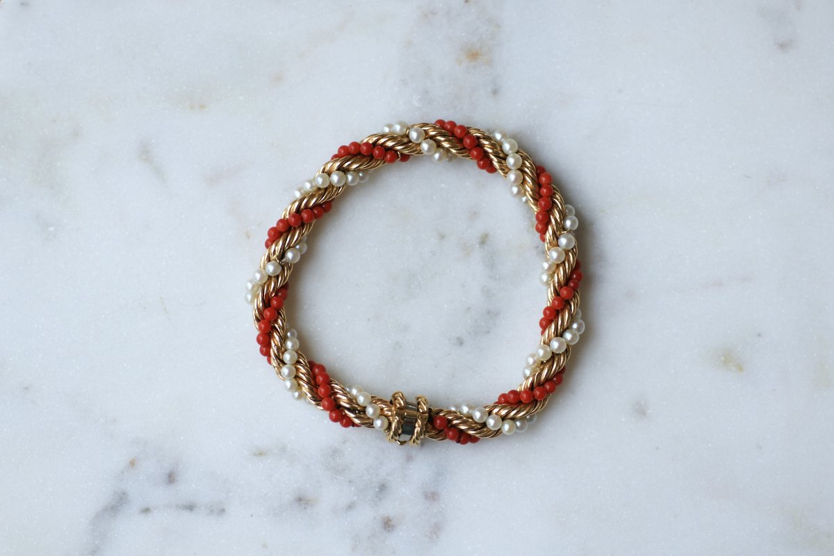 Bracelet Torsade Corail et Perle sur Or Jaune Années 60-photo-4