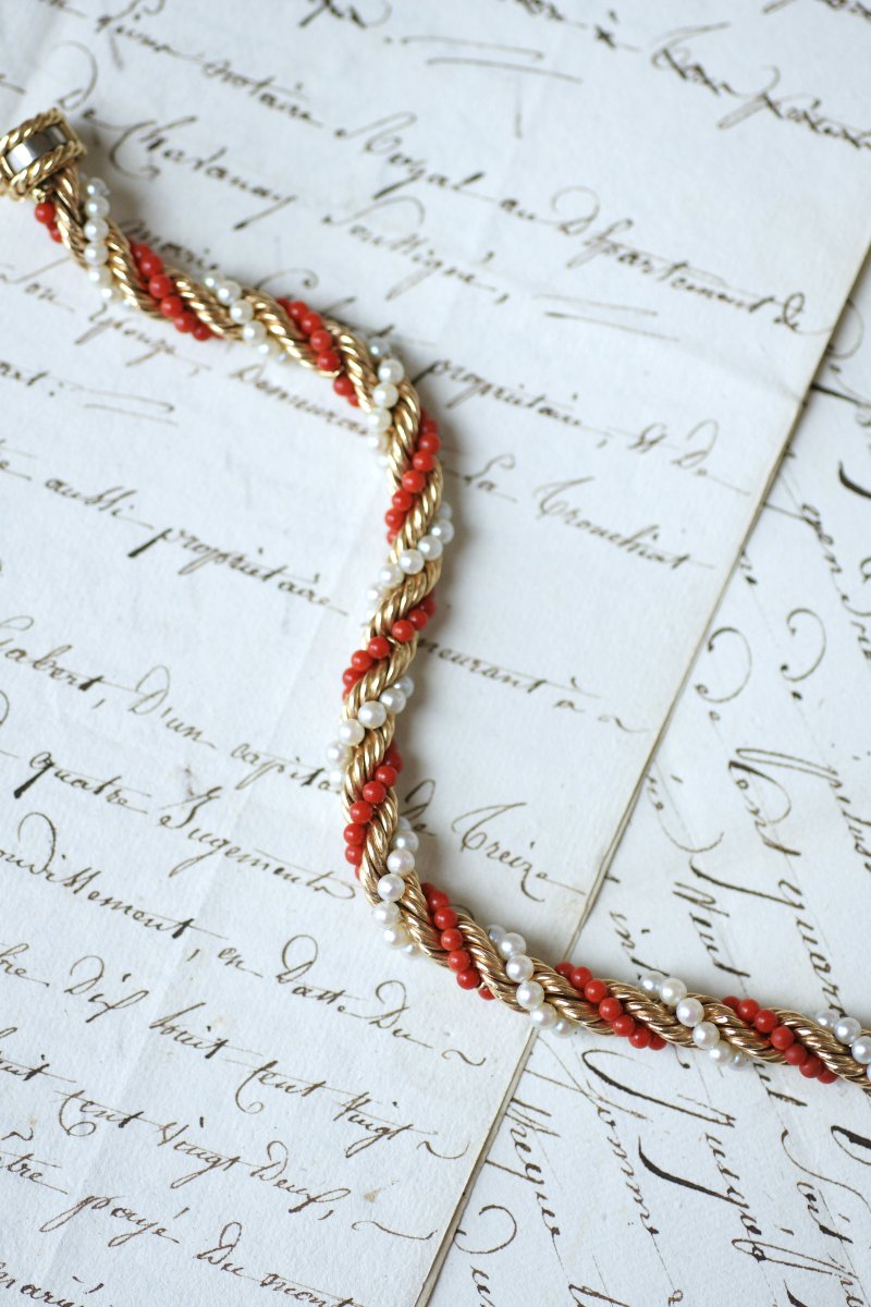 Bracelet Torsade Corail et Perle sur Or Jaune Années 60-photo-5