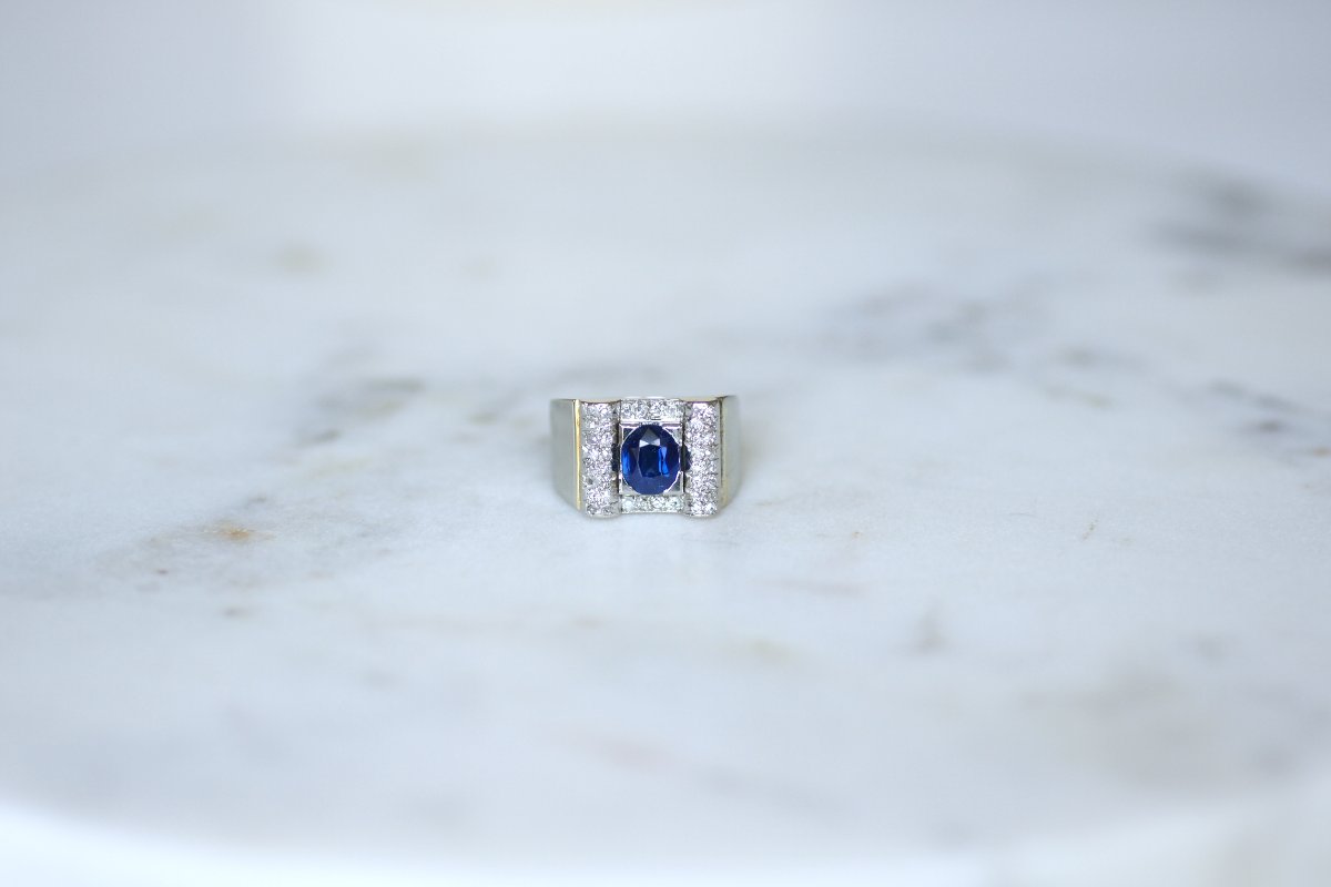 Bague Art Déco Saphir et Diamants sur Or Blanc et Platine-photo-2