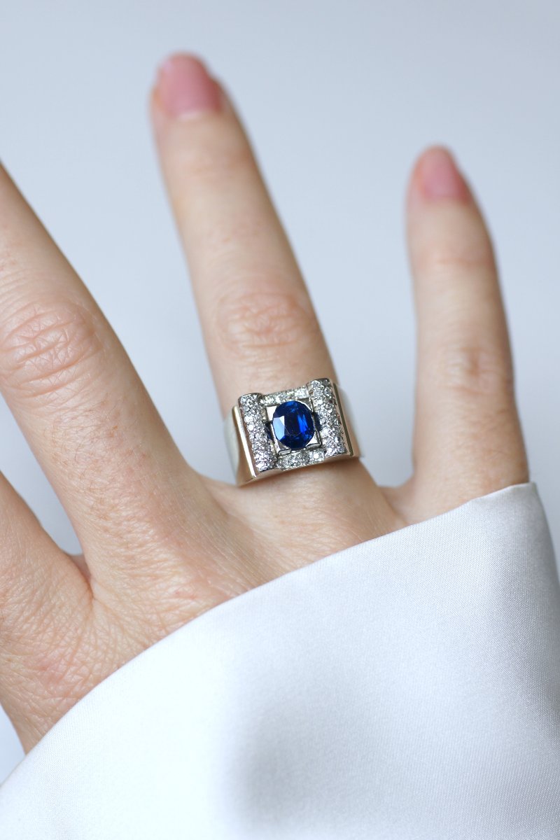 Bague Art Déco Saphir et Diamants sur Or Blanc et Platine-photo-3