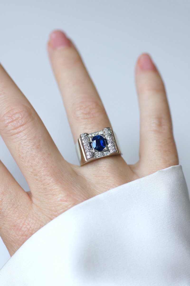 Bague Art Déco Saphir et Diamants sur Or Blanc et Platine-photo-1