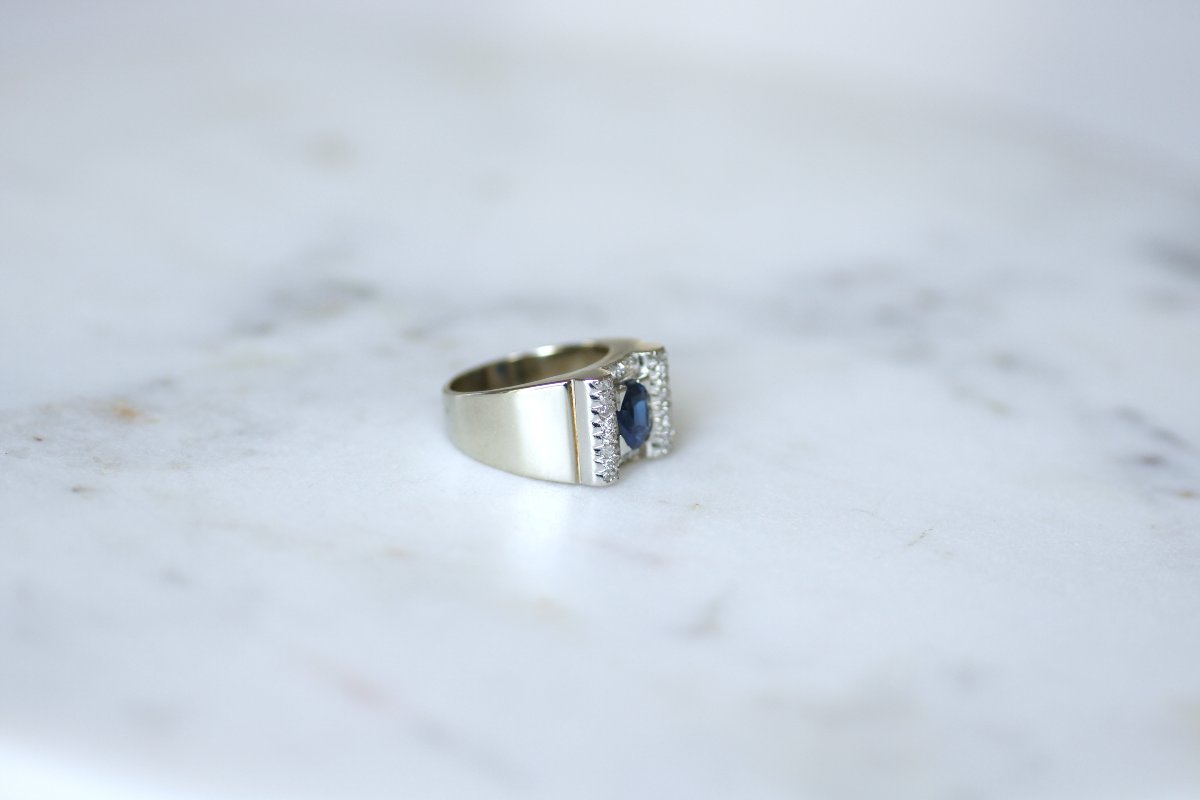 Bague Art Déco Saphir et Diamants sur Or Blanc et Platine-photo-2