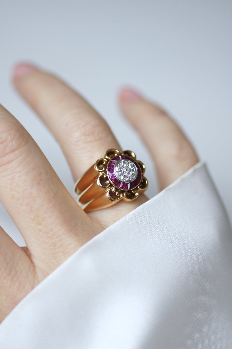 Bague Boule à Gaudrons Rubis et Diamant sur Or Rose et Platine-photo-2