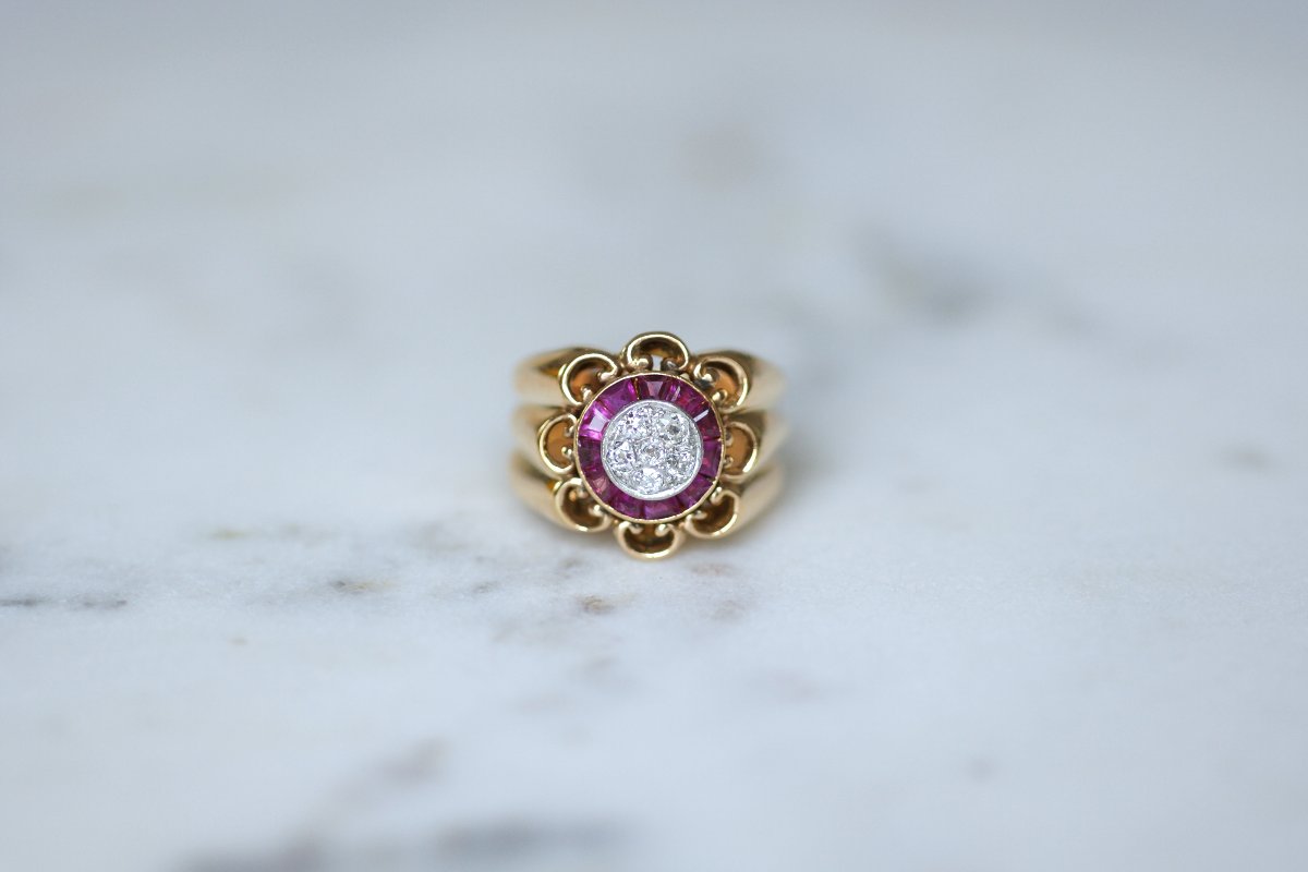 Bague Boule à Gaudrons Rubis et Diamant sur Or Rose et Platine-photo-3