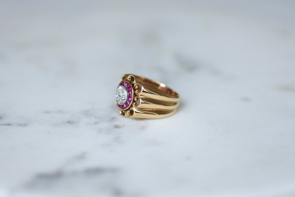 Bague Boule à Gaudrons Rubis et Diamant sur Or Rose et Platine-photo-1
