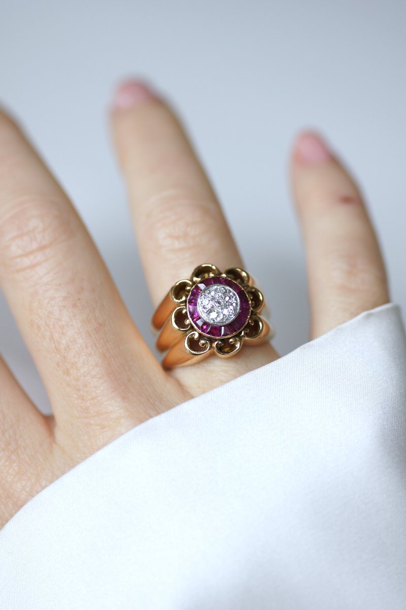 Bague Boule à Gaudrons Rubis et Diamant sur Or Rose et Platine-photo-4