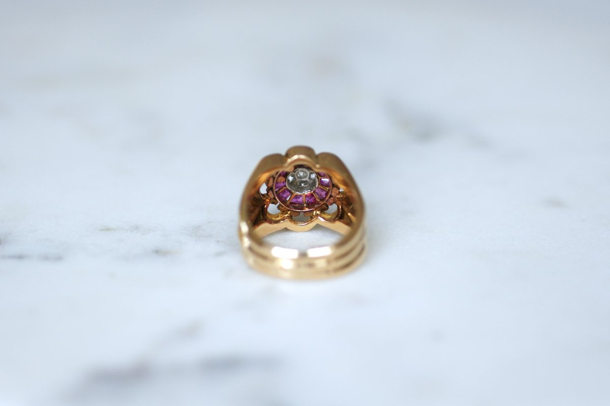 Bague Boule à Gaudrons Rubis et Diamant sur Or Rose et Platine-photo-5