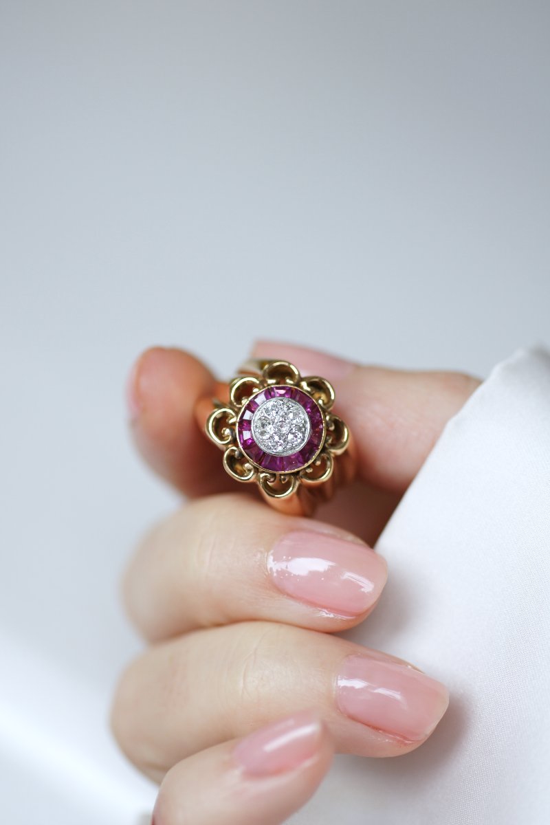 Bague Boule à Gaudrons Rubis et Diamant sur Or Rose et Platine-photo-6