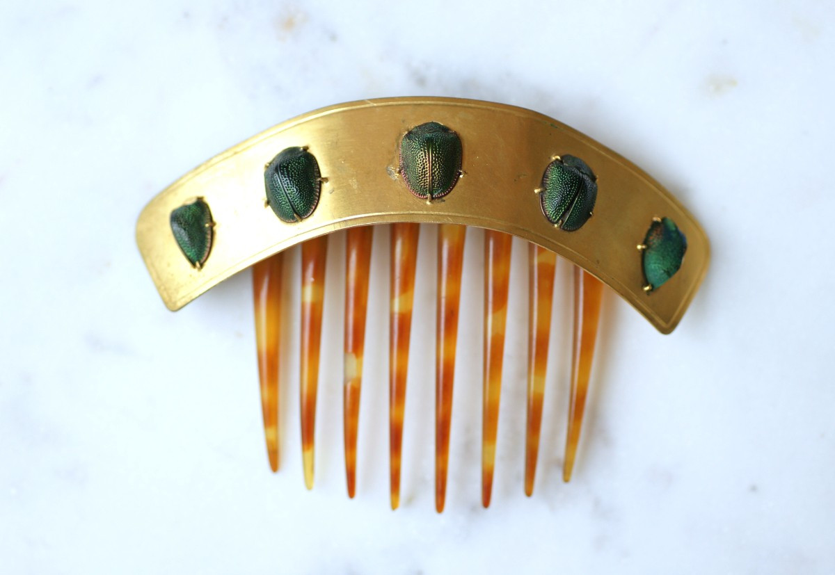 Victorian Scarab Egyptian Revival Horn Tiara-photo-3