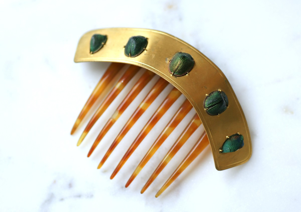 Victorian Scarab Egyptian Revival Horn Tiara-photo-4
