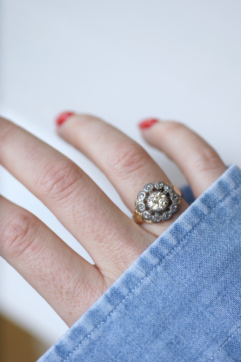 Georgian Gold And Silver Daisy Cluster Ring With Old Mine Cut Diamond-photo-1