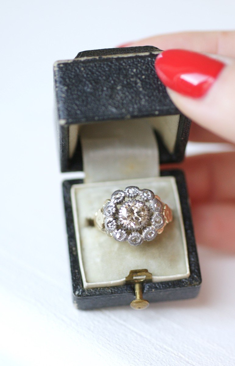 Georgian Gold And Silver Daisy Cluster Ring With Old Mine Cut Diamond-photo-2