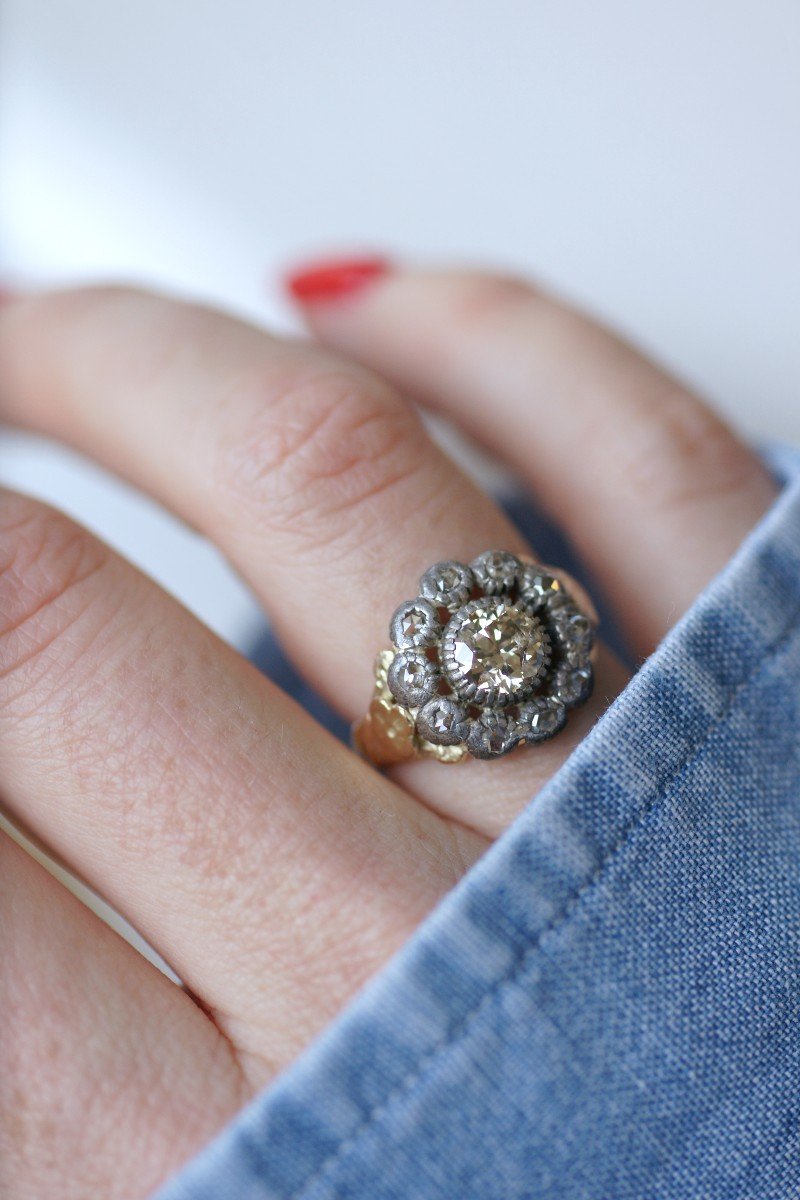 Georgian Gold And Silver Daisy Cluster Ring With Old Mine Cut Diamond